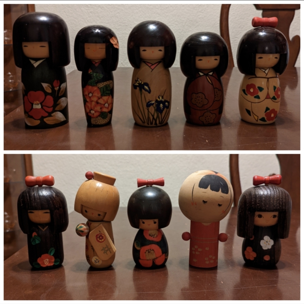 Set of 10 Vintage Japanese Kokeshi Wood Dolls - valued over $500.00